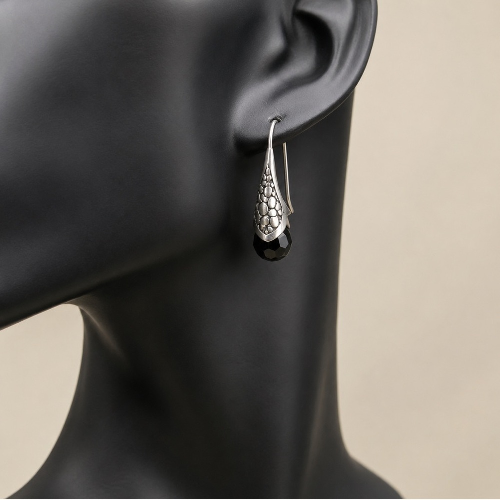 Sterling Silver Engraved Drop Earrings with Black Faceted Onyx